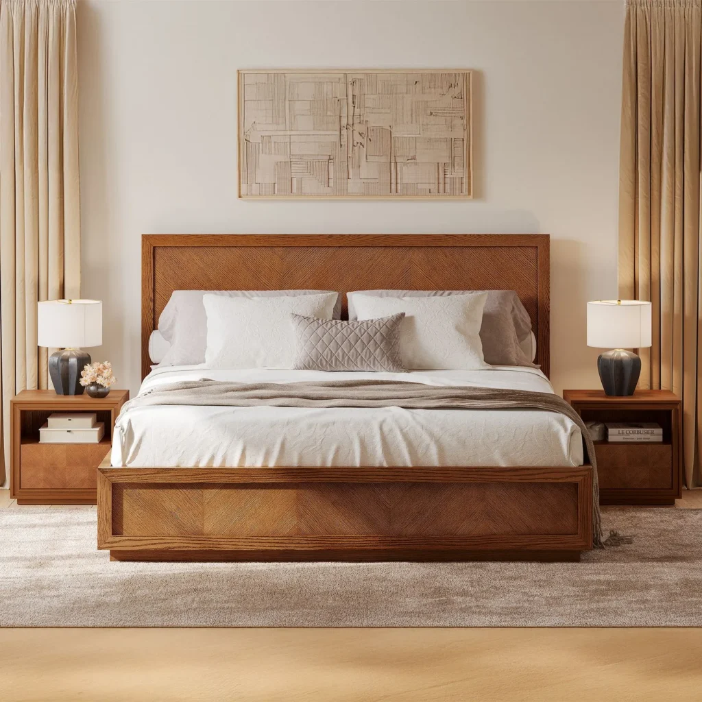Solid wood bed with geometric headboard and matching bedside tables in a neutral bedroom interior
